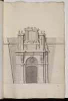 Front elevation of a military gateway with an inscription  mentioning Grand Master Ramon Perellos Y Rocafull