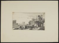Scene with a ruined classical building in the foreground and a city in the distance