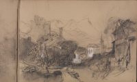 Mountain landscape with village and ruins on an outcrop