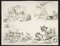 Studies of sheep and donkeys, and two pastoral landscapes with figures