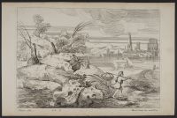 Rocky landscape with a boy carrying a fishing net