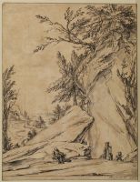 Rocky landscape with figures, some on horseback