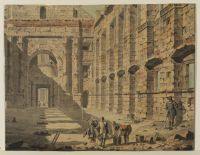 View of the interior of a classical building, with workmen  engaged on excavation