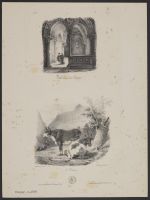 A church interior scene and a rural scene with cows