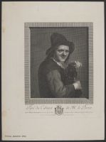 A peasant man holding a dog