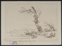 Landscape with a large tree in the middle foreground, at the  edge of a river; two figures seated on the right, one with a  hawk perched on his hand