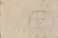Large square, divided into 9 squares: a circle within large square, small circles within small squares centre, centre L and bottom centre (recto)