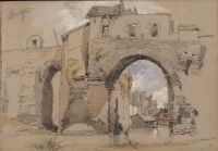 An old bridge, with a view of a distant town framed in the arch