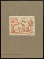 Four cherubs playing pipes with a male standing figure to right