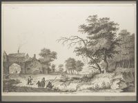Landscape with figures on a road running under an arched building