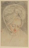 Head of a woman in lace headdress, looking down (recto)