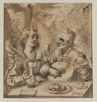 Man and woman seated at a table, and a figure of Death
