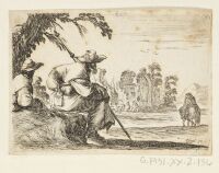 Two seated figures in a landscape with ruins