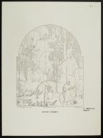 Benedict reading in Subiaco, behind him monks lower a basket of bread, with a flying demon