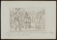 Roman ambassador Gaius Popillius Laenas presents Antiochus with an ultimatum, and draws a circle in the earth around the king