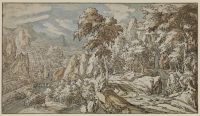 Mountainous landscape with river and waterfall