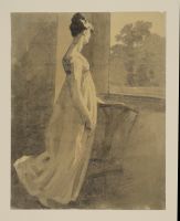 Woman resting against a chair and looking through a window  (recto)