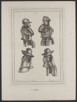 Two views of one suit of armour and two suits of harquebuss armour, the last with long taffets to cover the thighs