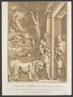 Scene with a shepherd holding a lion on a leash at a doorway