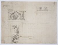 Design drawing for Lord Charlemont's medal cabinet - ornaments of the frieze, cornice and pilaster, and cross sections of the surface, pilasters, and doors of the cabinet (recto)