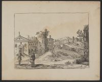 Two male figures in a town