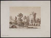 Landscape with ruined buildings and animals being moved over a bridge