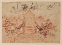 Early study for political cartoon of 'The Cockney Petition' - central throne with a leg appearing from either side, scatttering figures on right and left