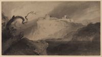 Mountainous landscape with castle and river - tower of Arkinlow (?)