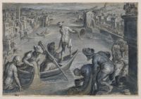 View of the river Arno in Florence, looking upstream, with  fisherman and a river god