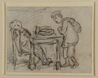 Two boys at a table, one of them sleeping