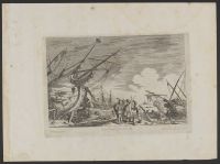Four men in discussion before a ship being repaired