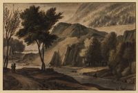 Rocky landscape with figures on a road