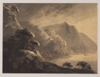 Imaginary landscape, with mountains running down to a lake