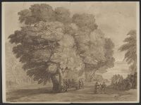 Landscape with trees and a group of people, two of them dancing