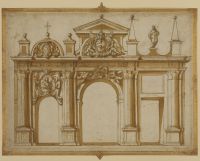 Design for a triumphal arch or gate with Franciscan symbols and  the arms of Pope Paul V (1605-1621)