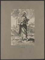 Saint Thomas with a scene of his martyrdom in the background