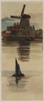 Windmill by the side of the water, and a sailing boat on the sea (recto)