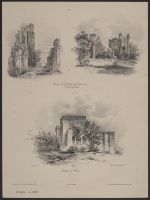 Two scenes showing the ruined abbey of Couronne, and a view of Florac Castle
