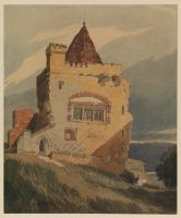 Ruined hilltop abbey with seated artists sketching