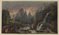 View near Salzburg - mountainous landscape with a waterfall and  a bridge across a river