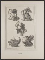 Five views of helmets, with the central head-piece said to have belonged to Oliver Cromwell