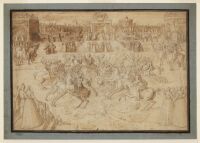 An equestrian game with riders jousting among fireworks