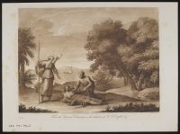 Coast scene with classical figures, one laid down with an arrow in his chest