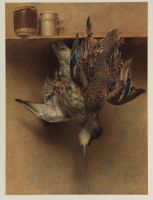 Shelf with two pots and two hanging ducks