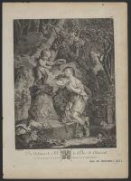 Woman in a forest, a statue of Cupid crowning her with a floral wreath
