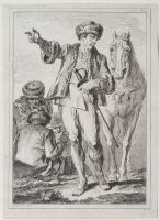 Cavalryman standing by his horse, and three seated soldiers