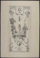 Figures in a rural setting, one playing pipes, with bagpipes at the bottom of the design