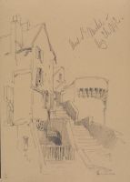 Houses and stairway to turret, Mont St Michel