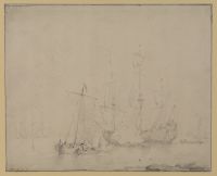 Estuary scene: pinks, barges and a frigate firing a salute