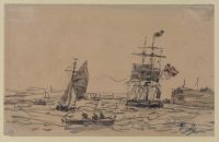 View of Antwerp harbour with sailing vessels and rowing boat